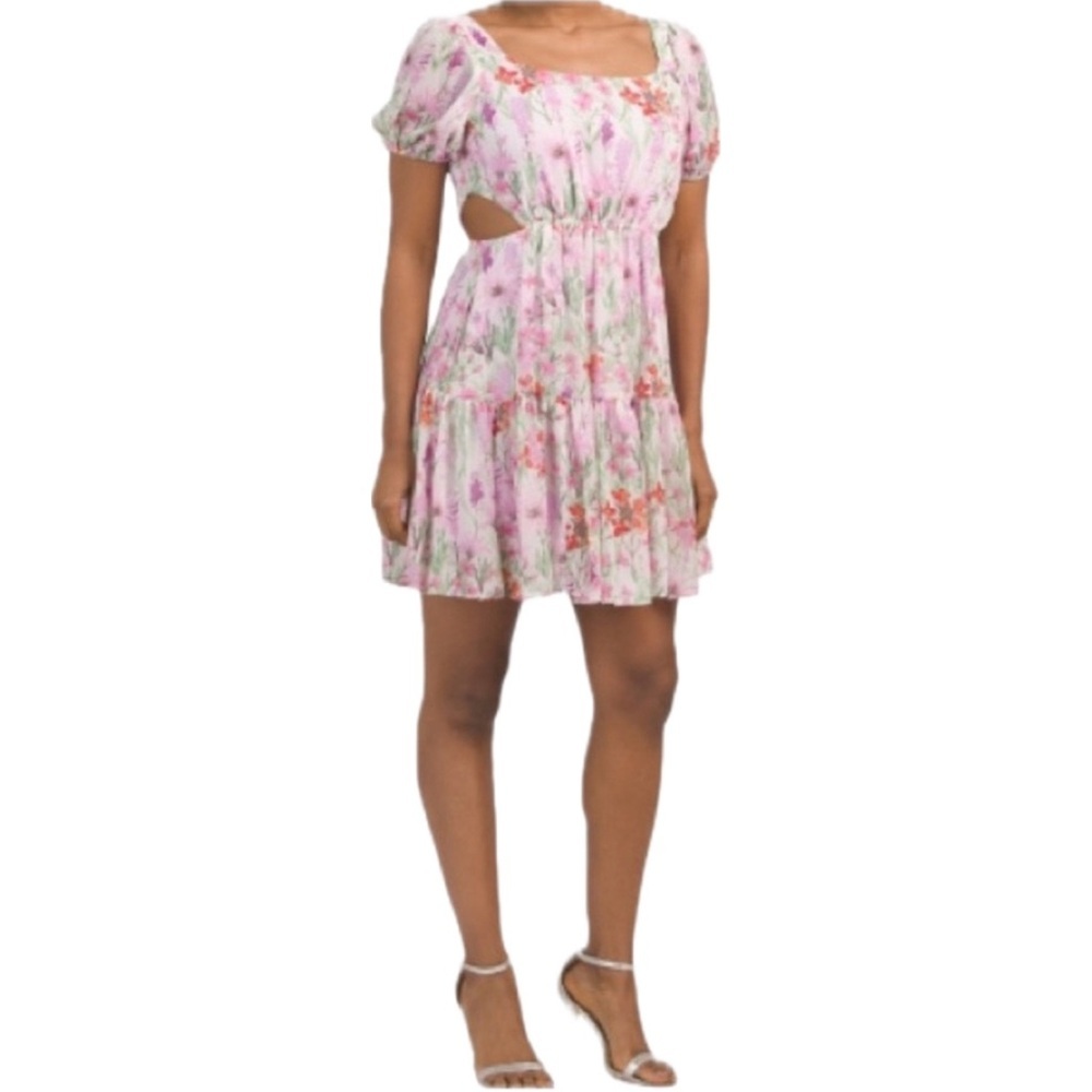 Taylor Floral Cut Out Mini Dress Size 10 | Pink Puff Sleeve Square Neck A-Line